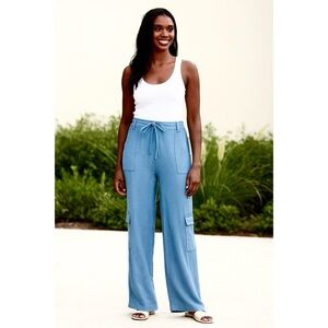 NWT Sincerely Jules Linen Blend Blue Cargo Drawstring Pants